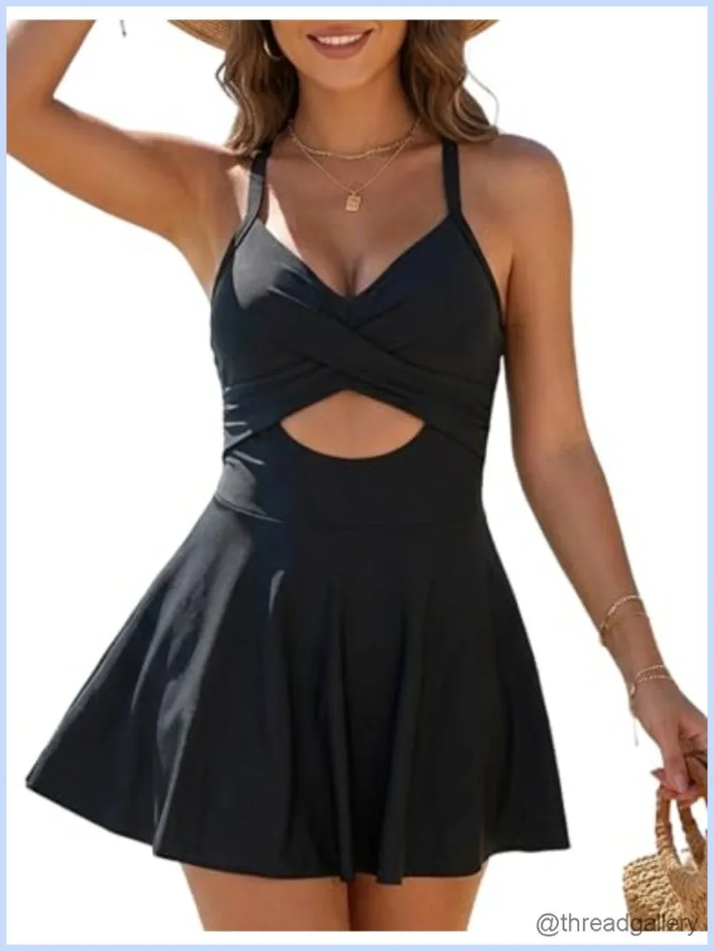 Women's Skirted One-Piece Swimsuit with V-Neck and Cutout